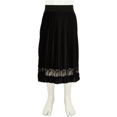Girls black pleated lace panel midi skirt